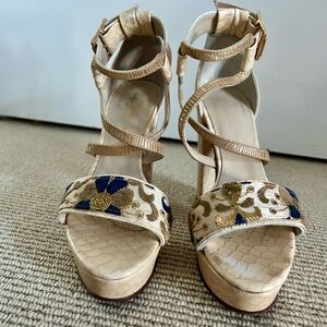 Gold Embroidered Platform Sandals with Blue Floral Accent - Women